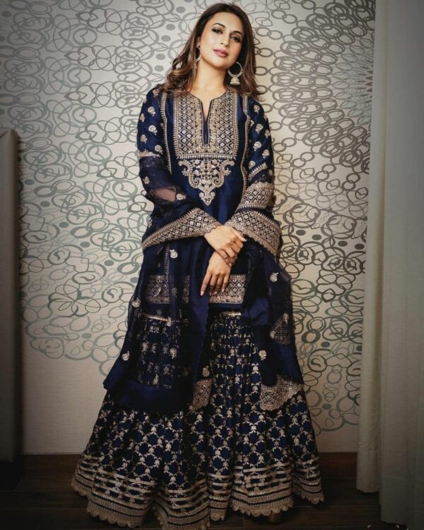 Navy Blue Color Sequence Work Sharara Suit - Image 2
