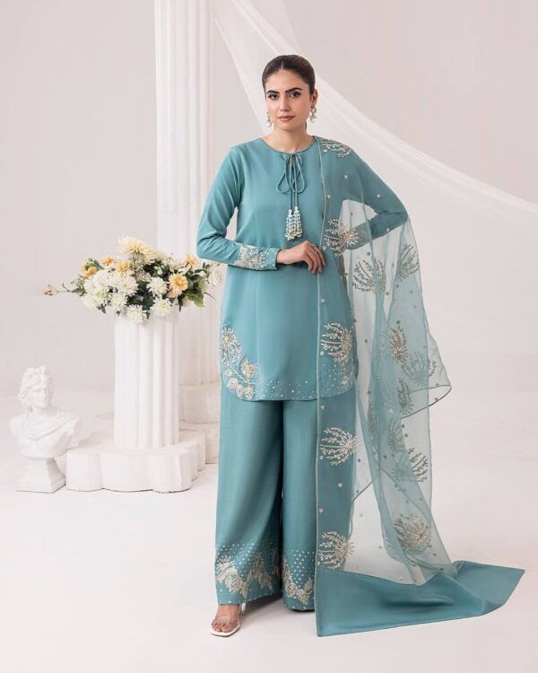 Natural Crep Silk With Work Blue Suit - Image 2