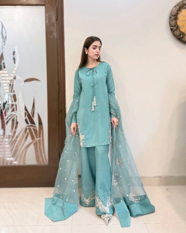Natural Crep Silk With Work Blue Suit - Image 3