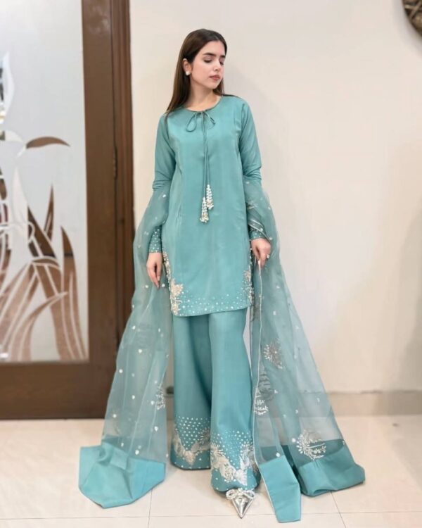 Natural Crep Silk With Work Blue Suit - Image 4