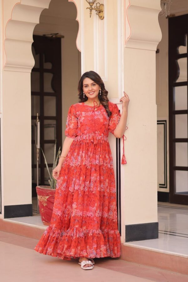 Red Color Flower Print Gown - Image 4