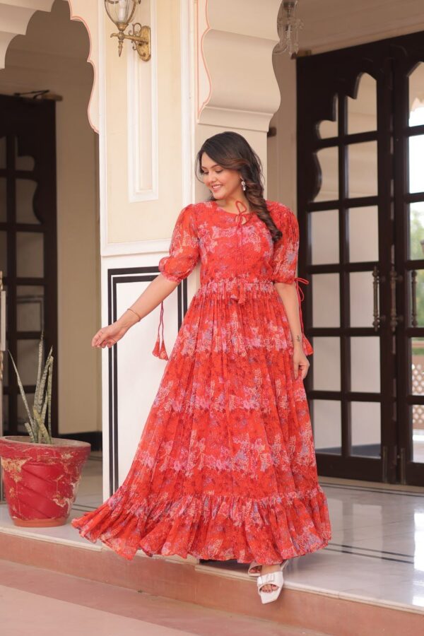 Red Color Flower Print Gown - Image 6