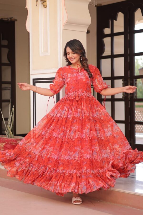 Red Color Flower Print Gown - Image 2