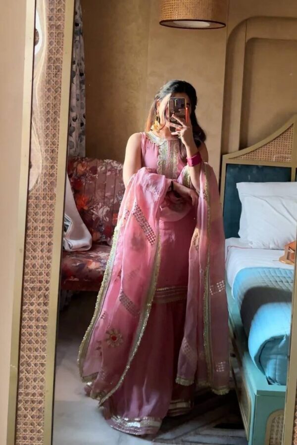 Awesome Organza With Mirror Work Pink Sharara - Image 2