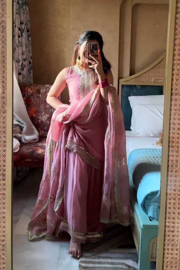 Awesome Organza With Mirror Work Pink Sharara - Image 3