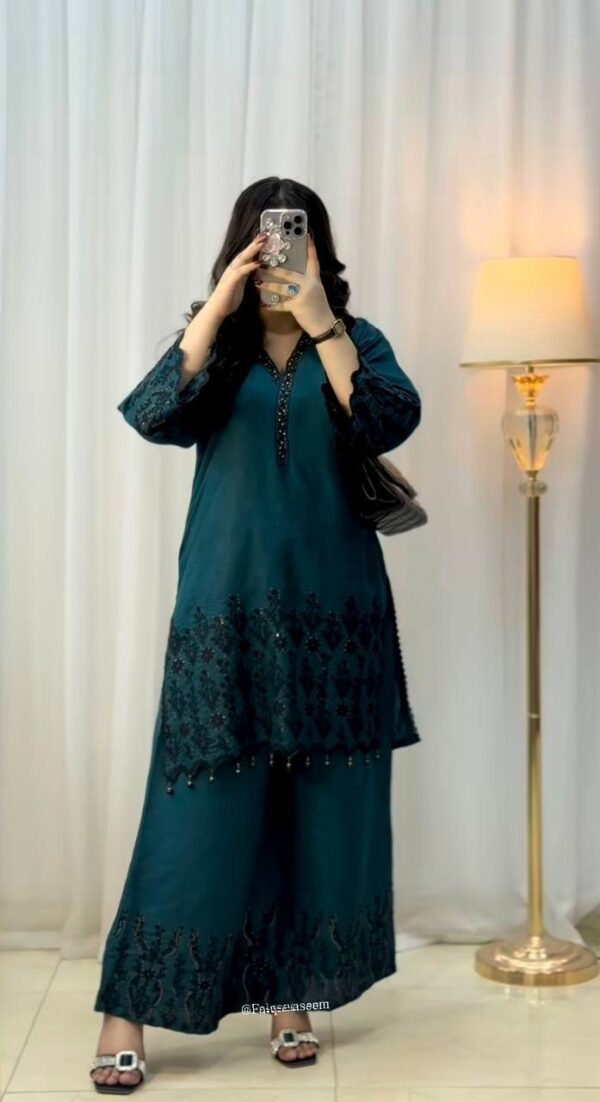 Teal Blue Embroidery Sequence Work Palazzo Set - Image 2