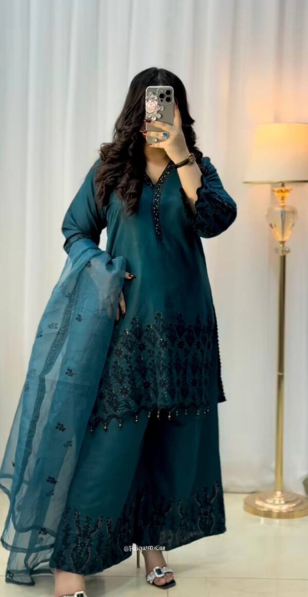 Teal Blue Embroidery Sequence Work Palazzo Set - Image 3