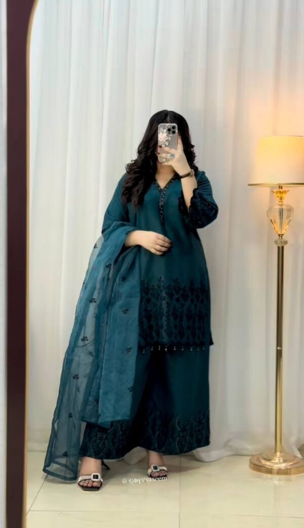 Teal Blue Embroidery Sequence Work Palazzo Set