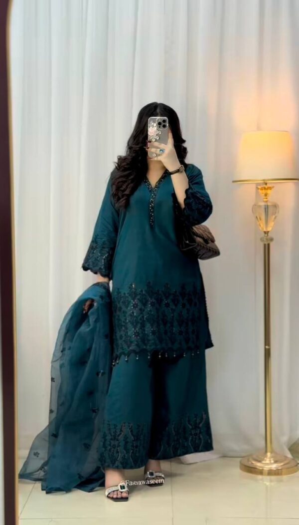Teal Blue Embroidery Sequence Work Palazzo Set - Image 4