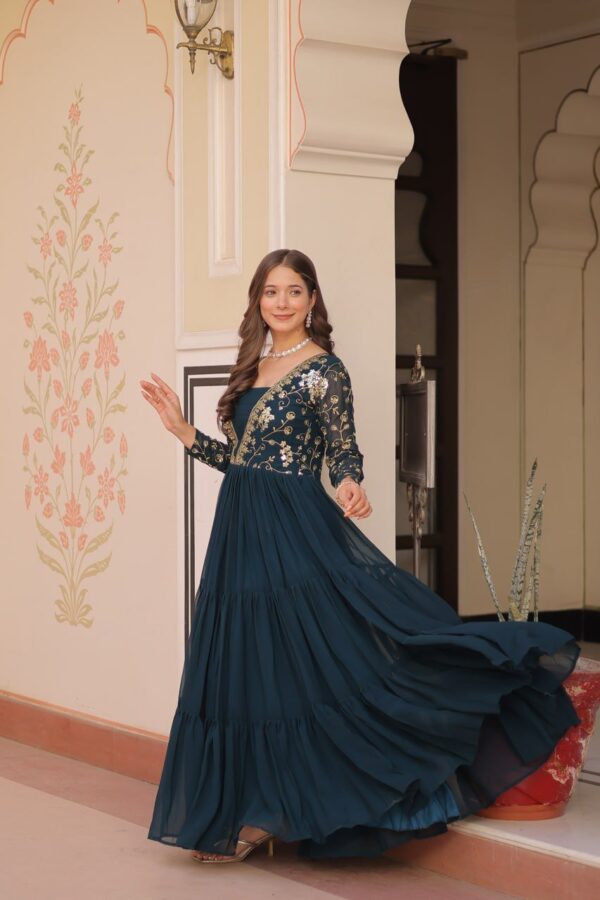 Blooming Embroidered Work Green Gown - Image 5