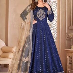 Elegant Navy Blue Embroidered Anarkali Gown with Golden Dupatta
