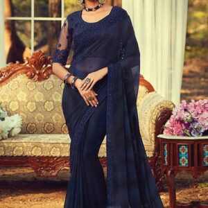Elegant Navy Blue Embroidered Saree with Stylish Blouse