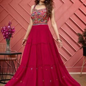 Beautiful Magenta Embroidered Gown with Floral Design, Stylish Layered Skirt, Soft Fabric