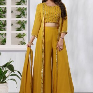 Elegant Yellow Ethnic Suit with Embellished Jacket for Festive Style